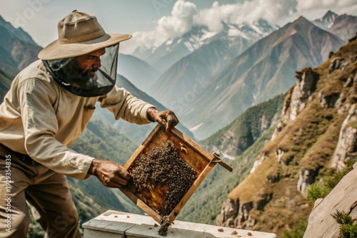 Traditional Honey Hunter Collecting Wild Honey from Cliff Beehive in Mountain Landscape