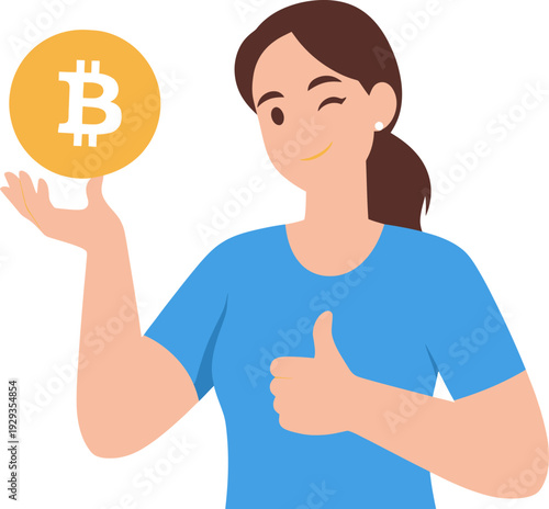 Woman holding Bitcoin coin and giving thumbs up.