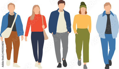 Five diverse individuals walking side by side in casual clothing representing fashion, lifestyle, friendship, diversity, social gathering, and modern design