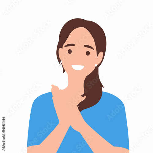 smiling woman happy satisfaction hand gesture.