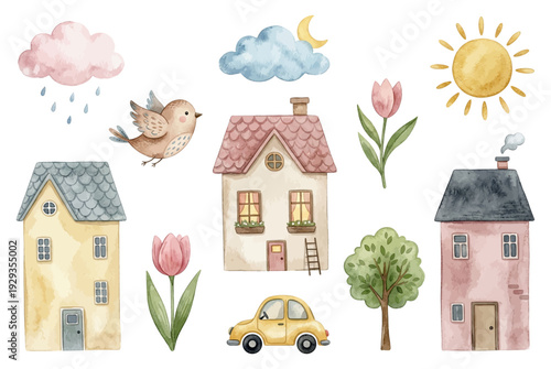 Watercolor village clipart set with houses weather