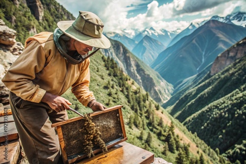 Traditional Honey Hunter Collecting Wild Honey from Cliff Beehive in Mountain Landscape