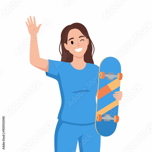 Young woman with skateboard waving.