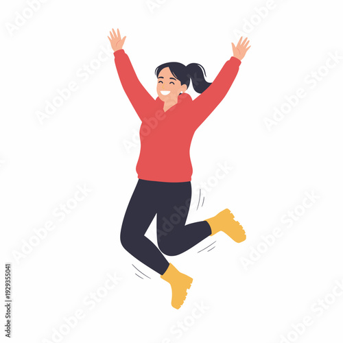 Happy woman jumping for joy red sweater yellow boots.