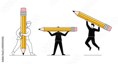 Minimalist business characters with giant pencils for creative writing and storytelling concept vector