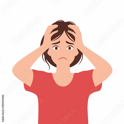 Stressed woman with headache frustrated female character.