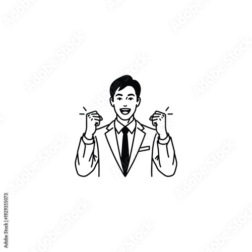 Man in suit celebrating success with clenched fists and excited expression vector illustration