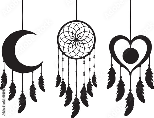 Hanging crescent moon dreamcatcher and heart with feathers silhouette