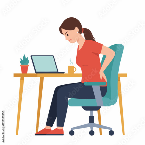 Woman suffering back pain while working on laptop at desk.