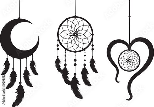 Hanging moon dreamcatcher and heart shapes with decorative feathers