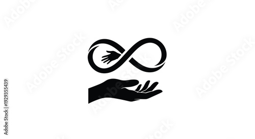 Minimalist infinity symbol with hands vector logo for charity support and eternal care concept