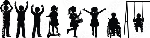 Diverse children silhouettes set playing with scooter drum and swing including child in wheelchair for inclusive playground vector design concept