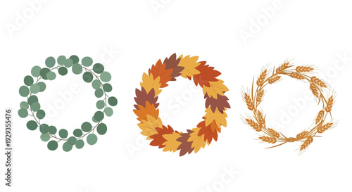 Three autumnal wreaths with leaves and foliage in different stages.