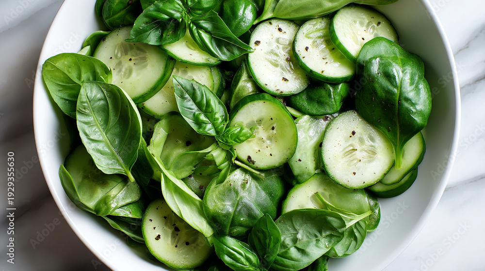 Obraz premium A white bowl filled with a fresh cucumber and basil salad on a marble surface