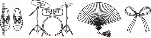 Collection of isolated vector illustrations on transparent background sneakers drum set fan and bow isolated objects