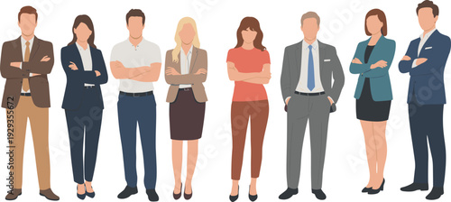 Eight diverse business professionals standing together with crossed arms in corporate attire representing teamwork, leadership, office culture, diversity, and success