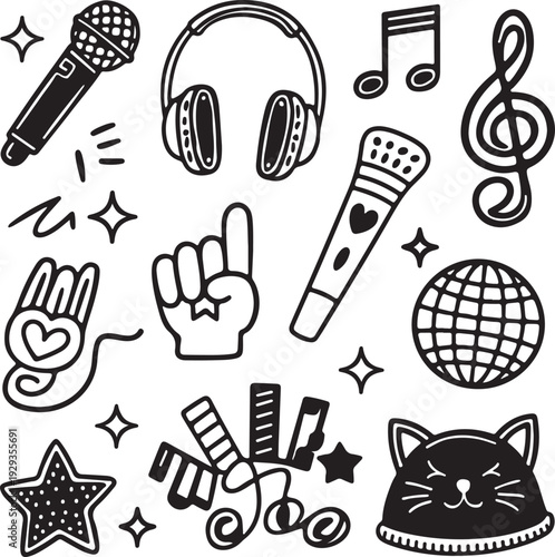 Karaoke music symbols and objects in black and white