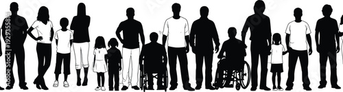 Diverse group of people silhouettes including men women children and wheelchair users standing together in a row for inclusive community concept