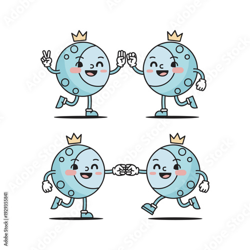 Cartoon virus characters dancing and holding hands in a friendly manner with crowns
