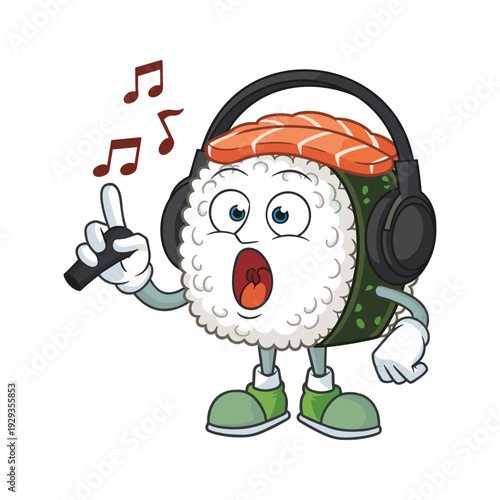 Cartoon sushi character listening to music with headphones and singing