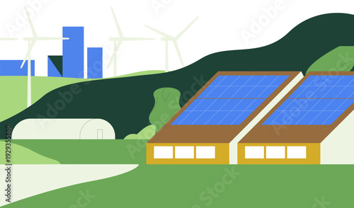 Wind turbines and solar panels generating clean renewable energy in a sustainable landscape. Eco-friendly power production and energy conservation concept.