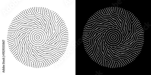 Abstract background with abstract line pattern in circles. Spiral art design as a logo or icon. A black figure on a white background and the same white figure on a black side. Mandala design with line