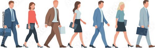 Business professionals walking together in corporate attire carrying briefcases and folders representing teamwork, workforce diversity, office culture, and career success