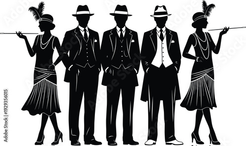 Elegant 1920s Roaring Twenties Silhouette Group with Flapper Women Holding Cigarette Holders and Men in Vintage Suits Fedoras and Art Deco