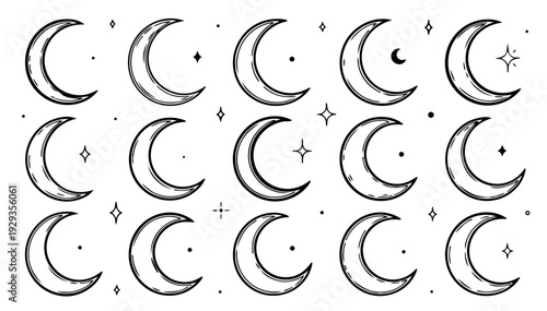 hand drawn doodle vector set of simple thin crescent moon variations illustrated in a playful sketchy outline style isolated on white background