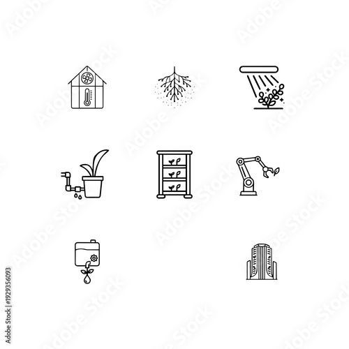 Vertical farming and hydroponic technology linear icon set, indoor smart garden, aeroponics and automated greenhouse vector symbols