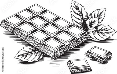 Monochromatic 3d render of a dark chocolate bar with mint leaves on a checkered background