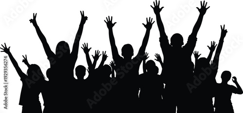 Energetic Silhouette Illustration of a Diverse Group of People Celebrating with Raised Arms and Victory Signs Representing Success and Community