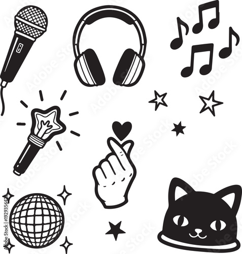 Black and white music and performance icons with cat and disco ball