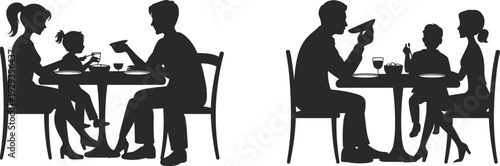 Family mealtime vector illustration showing contrasting interactions, playful bonding versus disciplinary parenting, highlighting emotional dynamics at dining table moments.