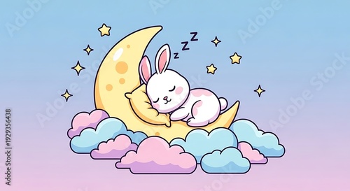 Sleeping rabbit on crescent moon clouds.