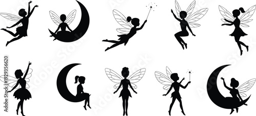 Fantasy fairy silhouettes with wings and wands, magical vector illustration featuring crescent moons, whimsical poses, enchanting artistic design inspiration.