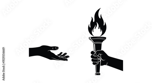 Passing the torch vector silhouette of hands giving flaming fire for leadership and mentorship concept