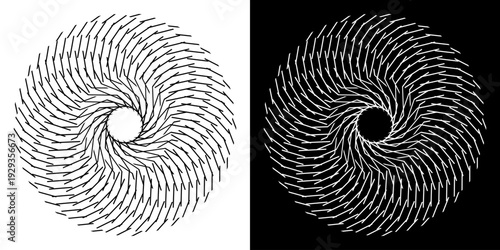 Abstract background with abstract line pattern in circles. Spiral art design as a logo or icon. A black figure on a white background and the same white figure on a black side. Mandala design with line