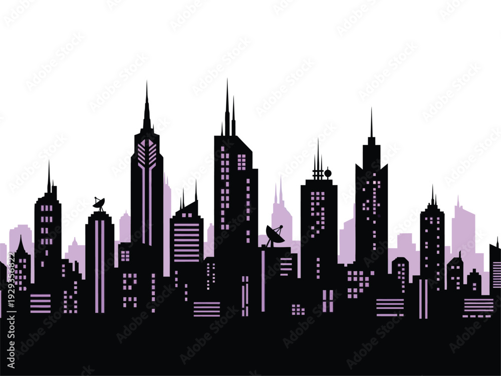 Fototapeta premium Modern City Skyline Silhouette with Diverse Architectural Styles.