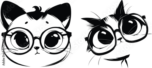 Cat face icon collection. Vector set. Kitten head portraits with big eyes. Pet design concept.