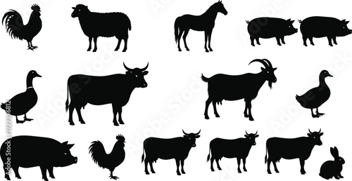 Farm animal silhouettes collection featuring cow horse pig sheep goat rooster duck and rabbit vector icons for rural livestock agriculture flavector.