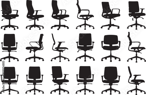 Office chair silhouettes, modern furniture, ergonomic seating, workplace equipment, administrative support, interior objects, swivel chairs, various styles