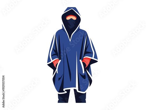 Person wearing a blue hooded poncho with white trim and orange gloves.