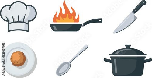 Culinary elements like chef hat, frying pan, knife, plate, spoon and pot for cooking and food preparation themes
