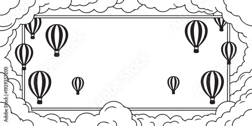 Hot air balloon travel adventure journey sky clouds frame banner abstract retro vintage transportation symbol illustration