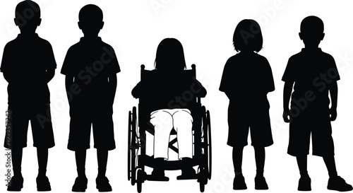 Group of children silhouettes including a girl in a wheelchair standing together for diversity inclusion equality and disability awareness concept.