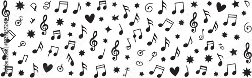 Music notes symbols treble clef heart star seamless pattern background abstract rhythm sound melody harmony illustration