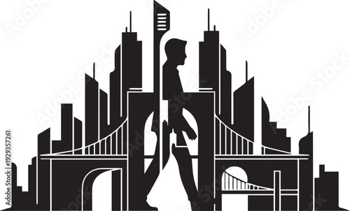Abstract human silhouette vector illustration with city skyline bridge line art background