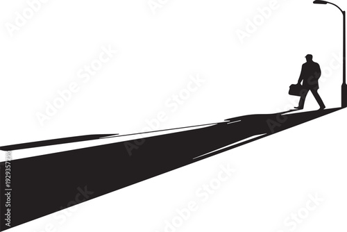 Business man walking near street lamp at night silhouette vector illustration with long shadow