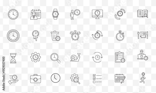 Time Management and Productivity Line Icons Set. Clocks, Deadlines, Planning and Schedule Vector Symbols.